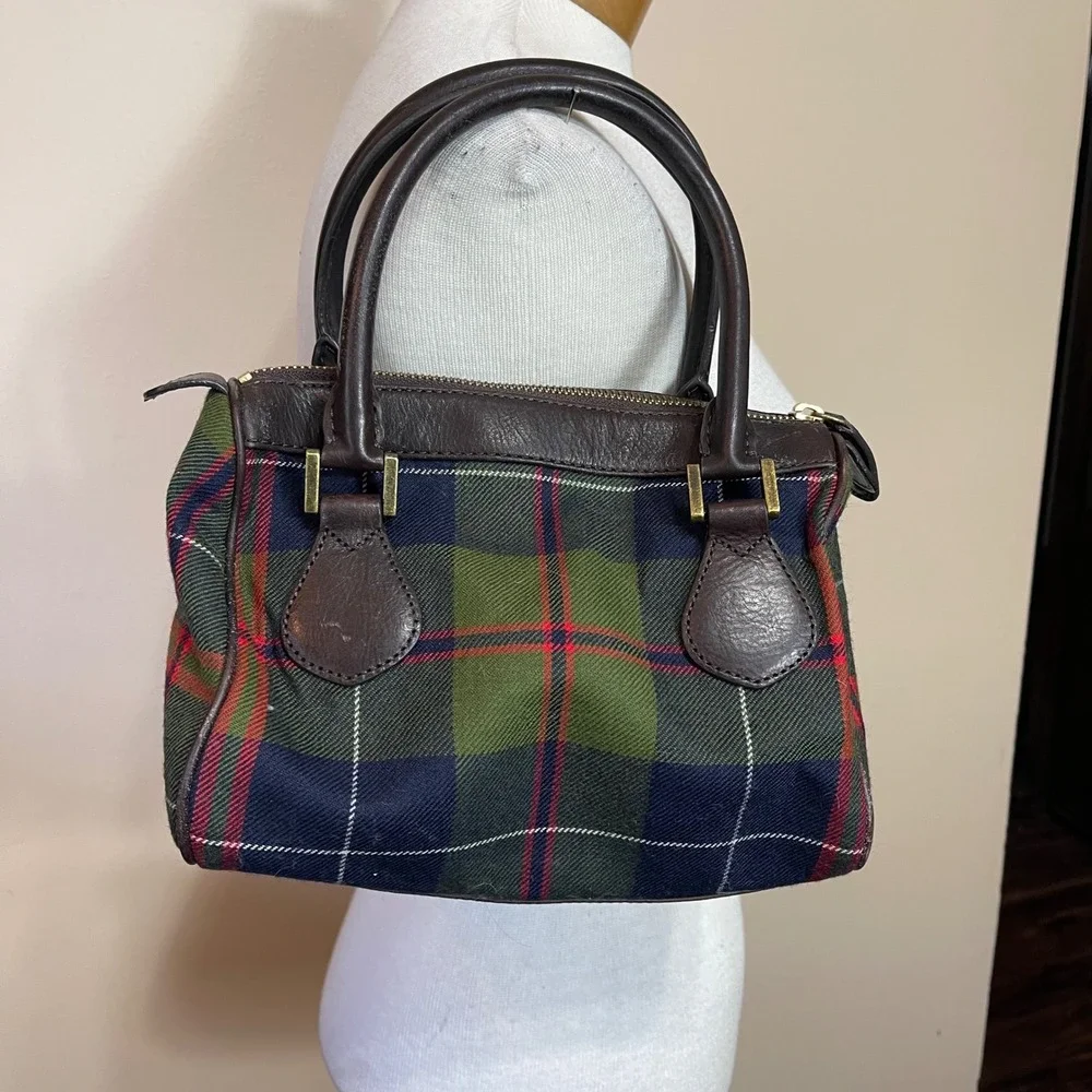 J. Crew Plaid Wool Leather Satchel Bag Green Navy Brown Tartan Doctor Bag